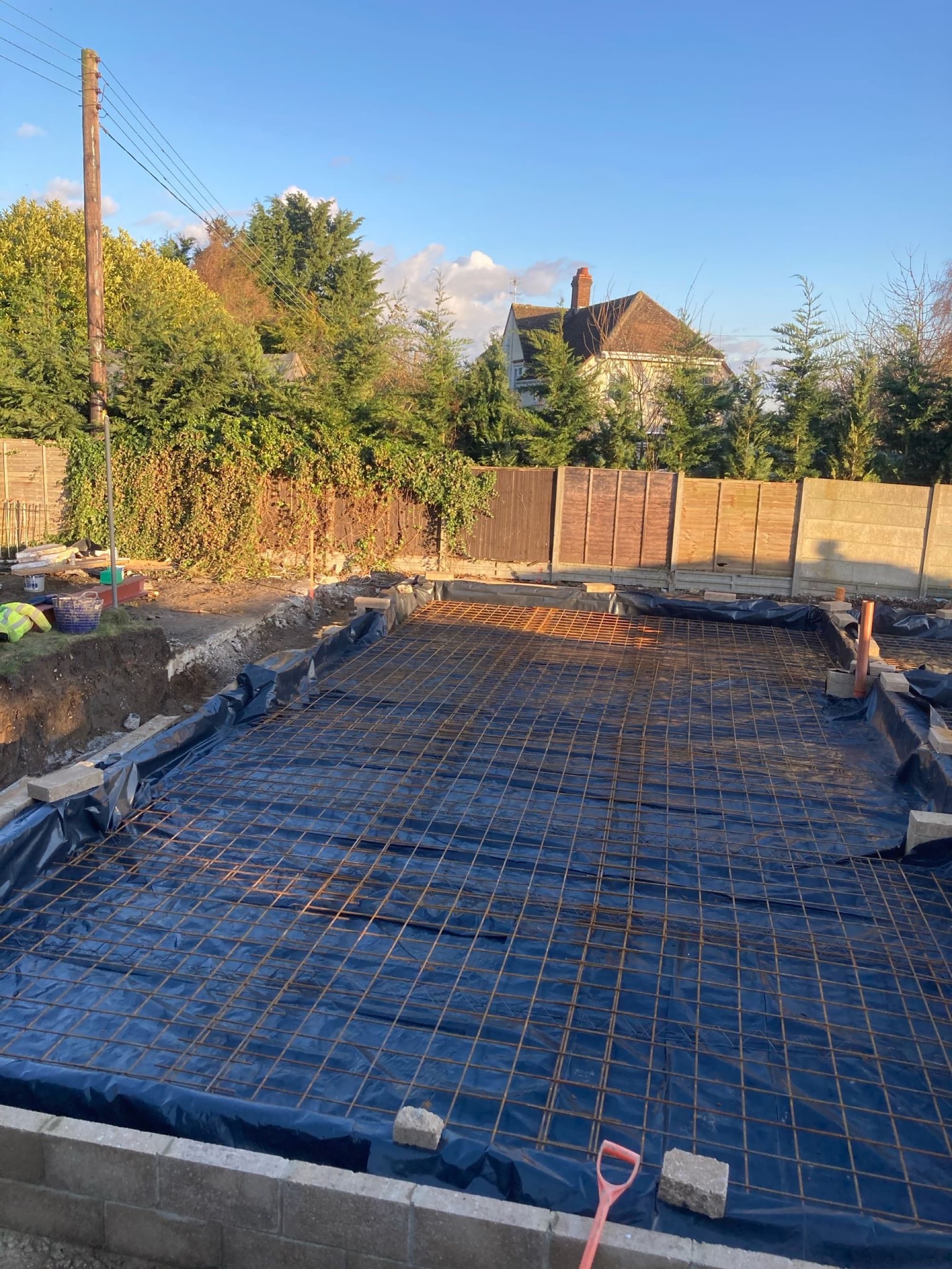Reinforcement grid and membrane set out before concrete pour in Sturmer